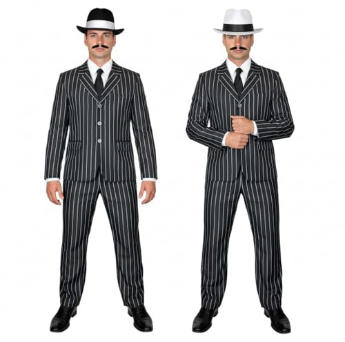 SoWest Men’s 1920s Gangster Costume – Black & White Pinstripe Suit with Matching Trousers, Tie & Black Hat | Vintage Boss Fancy Dress Outfit for Halloween, Parties & Themed Events - XL