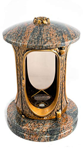 Afterglow - Farol para tumba Elégant Granito, 23 cm de altura, 14,5 cm de diámetro, lámpara para tumba, lámpara de granito, farol de granito, bronce, con zócalo, decoración para tumbas