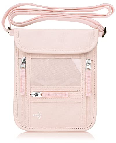 WALNEW Passport Holder Neck Pouch Travel Wallet for Women and Men, RFID Blocking Security Slim Traveling Wallet with Around Neck Lanyard Strap, Pink