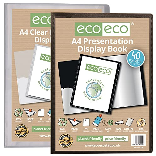 Eco-eco eco004_98 - Raccoglitore per presentazioni, formato A4, 50% riciclato, 40 tasche, con custodia in plastica, confezione da 2 (1 nero e 1 trasparente)