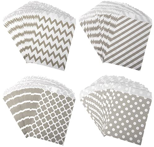 100 Stück Papiertüten Geschenktüten Kraftpapier Candy Tüten 4 Stile Muster Kleine Geschenk Papierbeutel zum Verpacken von Süßigkeiten Kekse Schokolade für Hochzeit Geburtstag Feier Parteien (Grau)