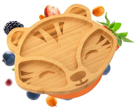 nohla ® Toby The Tiger Baby-Entwöhnungsplatte aus Bambus, Saugnapf, 18,3 x 23 cm, auslaufsicherer Saugfuß, ideal ab 6 Monaten, 100% Bambus und FDA-Silikon, organisch und BPA-frei, Orange