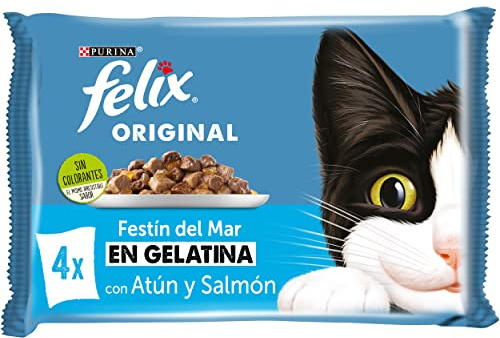 FELIX Original, Comida Húmeda para Gato Adulto, Gelatina, Surtido de Atún y Salmón, 12 Packs de 4 Sobres de 85 g. (48 Sobres)