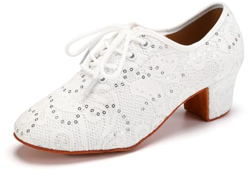 RUYBOZRY Women Ballroom Dance Shoes Lace up Latin Salsa Practice Dance Teaching Shoes,LPWMMD-White-ZBMD-5,US9