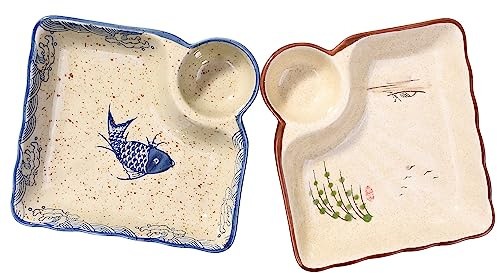 Whitenesser Sushi Plate Set of 2, Different Style Ceramic 7.4 Inch Dumpling Plates with Vinegar Dish Serving for Dumpling, Snack, and Other Food (japanese style yy)