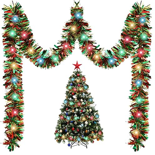 Kingdder 16.4 ft Christmas Tinsel Garland Lighted Metallic Twist Tree Decoration Prelit Battery Operated 50 LED Hanging Garland for Xmas New Year Home Outdoor Decor(Multicolor, Red and Green)
