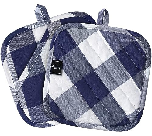 Cotton Pot Holders for Kitchen Heat Resistant Potholder, Hot Pads, Trivet Coaster Non-Slip Potholders Set for Cooking and Baking (2, Blue Plaid, Square,8.27 in²)