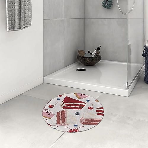 Badezimmerteppich rutschfest Dessert Cremige Kuchenstücke mit Kirschen und Brombeeren auf einfachem Backg Waschbar teppich rund Weich Flauschig Badteppich Weich Kurzflor Mikrofaser Badvorleger 60 cm