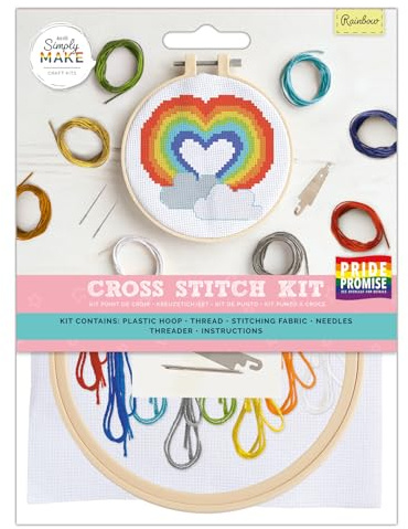 Simply MAKE Cross Stitch Kit Rainbow Design, Kids & Adults, Hoop, Embroidery Thread, Adult Crafts, Beginners, Craft Kit