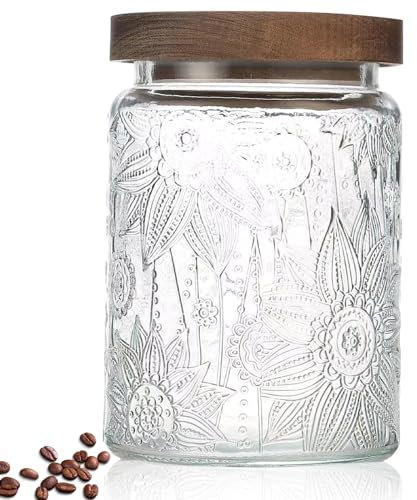 24 OZ Airtight Glass Storage Jar with Bamboo Lid - Vintage Glass Jar Vintage Food Containers Canisters Set for Kitchen Counter & Pantry - Ideal for Sugar, Flour, Coffee, Tea, Candy, Oats, Cereal