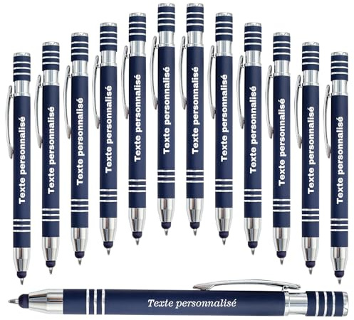 LINMQIU Stylo à bille bleu foncé personnalisé avec stylet - Encre noire Stylo à nom gravé en métal personnalisé Stylos à bille personnalisés pour étudiant en école de bureau - 24Pièces