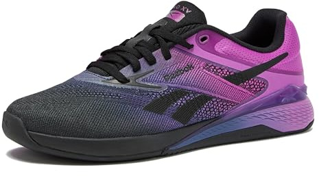 Reebok Nano X5 Baskets pour Femme, Chaussures de Marche pour entraînement croisé, Noir/Violet crépuscule/Violet Rave, 35.5 EU
