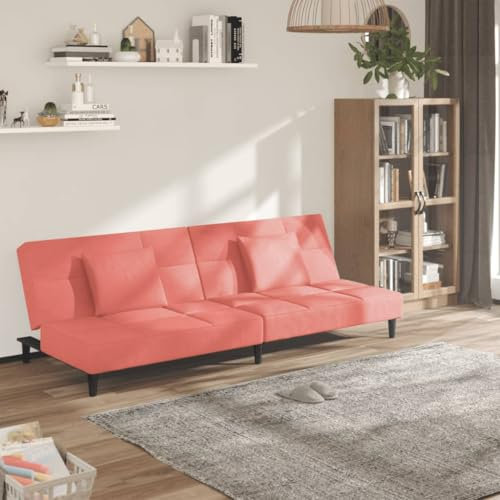 KOIECETA Schlafsofa 2-Sitzer Schlafcouch mit 2 Kissen Gästebett mit Holzrahmen Sofabett Tagesbett Couch Sofa Ausziehbar Rosa Samt