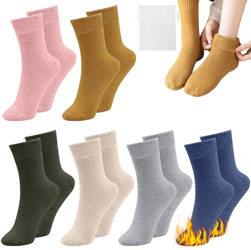 VEGCOO 6 Paia Calze Termiche Donna, Calzini Donna in Spugna Invernali, Calze Lana Caldi e Spessi per Donna, EU 35-42