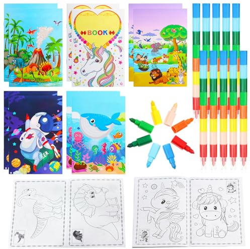 Libri da colorare per bambini, 10 mini libri + 10 pastelli a cera impilabili fai-da-arte a partire dai 3-6 anni