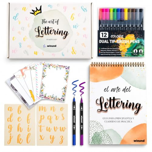 Winund Lettering Set calligraphie enfant et adulte - Inclut un kit complet avec feutres calligraphie et cahier pour apprendre à écrire lettering– Cadeau fille 8 ans et 10 ans PARENT (Español)