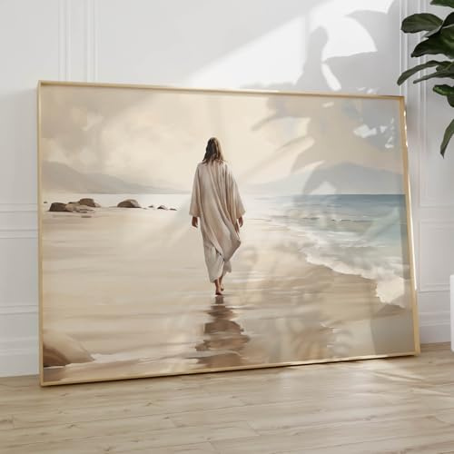 Dthllay Cuadro de Jesús caminando en la playa, lienzo cristiano para pared, pintura de Jesús del mar, versículo bíblico, lienzo impreso en acuarela, póster Lds, arte de pared del océano, carteles