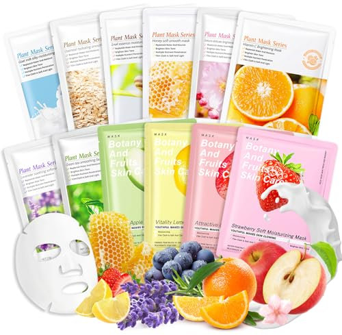 12 Pezzi Maschera Bellezza Viso, Maschera Idratante Viso Nutriente per la cura quotidiana della pelle, Ciascuna Con Un Effetto Diverso, Lenitive, Idratanti