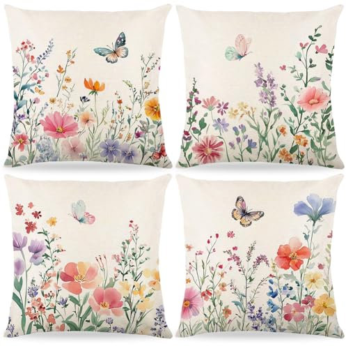 4 Stück Blumen Kissenbezug 40x40cm,Kissenbezüge Frühlings Blumen,Frühling Urlaub Kissenbezug Dekoration,Leinen Kissenhülle Blume Garten Schmetterlinge Und Vögel,Für Sofa Schlafzimmer Dekoration (C)