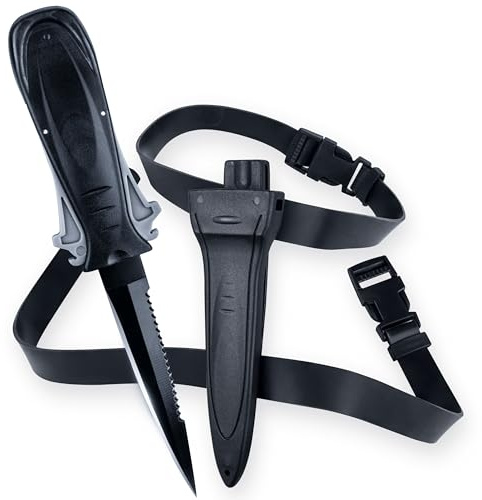 Dive Knife – 8.3 Scuba Knife with Sheath and Leg Strap – Fixed Blade Diving Knife Made of Exceptional Stainless Steel with Non-Stick Coating – Scuba Diving Gear for Spearfishing and Survival - Black