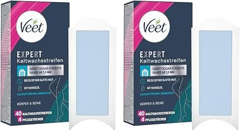 Veet Expert Kaltwachsstreifen Körper & Beine - Wachsstreifen zur Haarentfernung für alle Hauttypen inkl. sensibler Haut - 20 Doppelstreifen : 40 Streifen (Packung mit 2)
