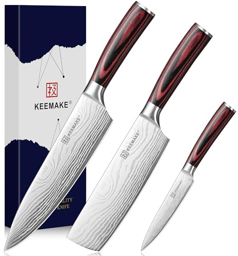 KEEMAKE 3 Pieces Kitchen Knife Set, High Carbon Stainless Steel Chef Knife Set with Ergonomic Pakkawood Handle, Ultra Sharp Blade Professional Kitchen Knives Sets for Home/Outdoor