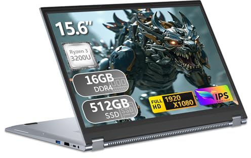 Esslorex Ordenador Portátil 2 en 1, Ryzen 3 3200U CPU 16 GB de RAM 512 GB de SSD, portátil de 15,6 Pulgadas con Pantalla 1920 x 1080, con RJ45, Tipo C, USB 3.0 Laptop ultradelgado