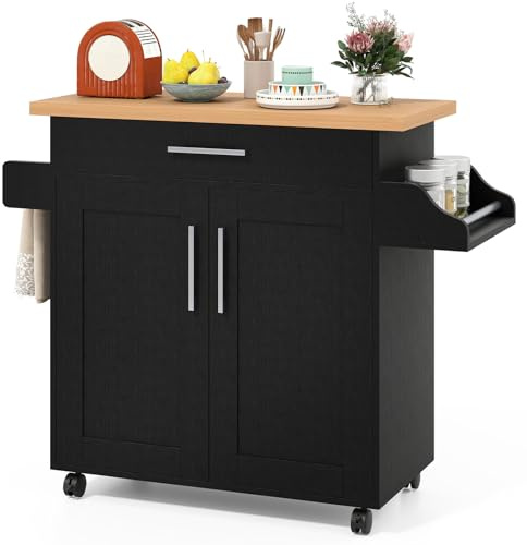 GOPLUS Carrito Cocina con Almacenamiento, Isla Cocina con Ruedas Frenos Bloqueables para Especias, Cajón Extraíble, Armario de 2 Puertas, Estante Ajustable, para Comedor, Bar (Negro)