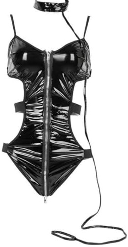 Women PU Leather Lingerie Bodysuit Shiny Wet Look Bunny Girl Outfit onr Piece Backless Strappy Catsuit Bodycon Leotard Black Stripper Clubwear for Halloween Carnival