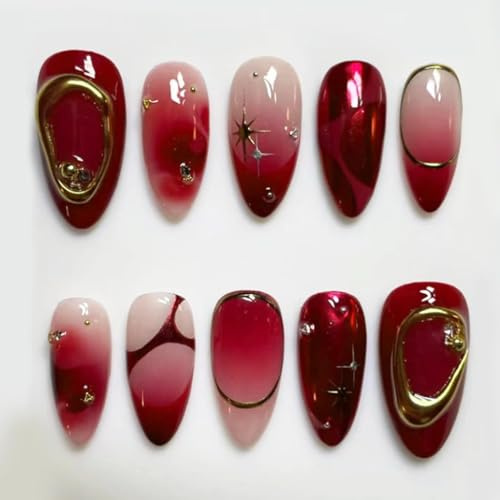Handmade Press On Nails Medium Size Almond Shape 3D Green Wave Design Fake Nails Cat Eye French Nails (Red)