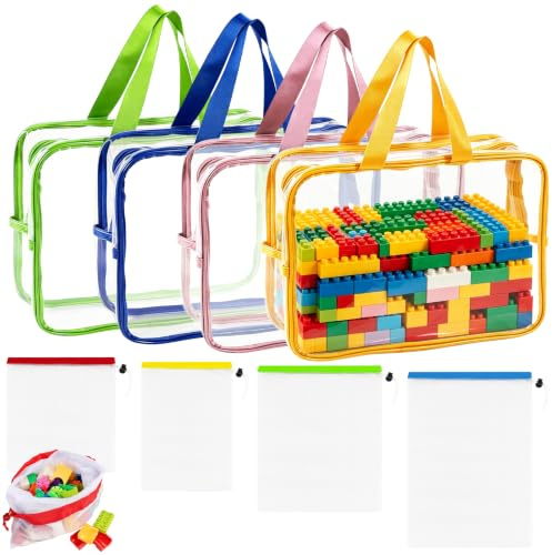 Yuaerbuo 8 Pcs Toy Storage Bags Set Organization Mesh Bags with Drawstring | Clear PVC Waterproof Toy Organiser Bag with Handles and Zipper for Toys Grocery Jigsaws Travel