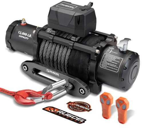 RUGCEL WINCH 12000lb 12V Truck Waterproof Electric Black Synthetic Rope Electric Winch with Hawse Fairlead,Wired Handle,2 Wireless Remote Control,Jeep Trailer Winch
