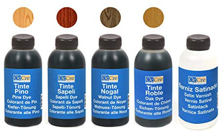 Occre Dye/Varnish pack Ref: 90501 Pack of waterbasis dye and varnish. Content: * Pine dye * Sapelly dye * Walnut dye * Oak dye * Satin varnish,BOTTLES OF 100 ML