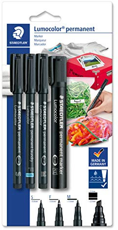 STAEDTLER permanent Marker Set Lumocolor, Universalstift Linienbreite S und M, Wäschemarker, Marker Keilspitze, wasserfest auf fast allen Flächen, 4 permanent Marker auf Blisterkarte, 60 BK-6