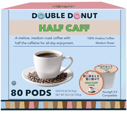 Double Donut Coffee Half Caff Coffee Pods, Single Serve Half Caffeine Coffee Pods For Keurig K Cup Brewers, Medium Roast, 80 Count