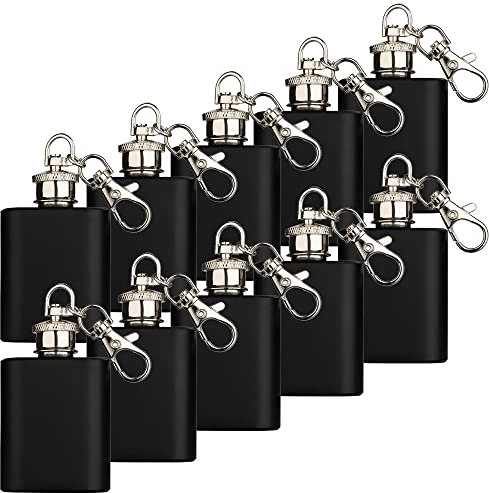 Mini Flachmann 1oz / 28,3 ml mit Schlüsselanhänger aus Edelstahl Stainless Steel kleiner Hip Flask robust Outdoor geeignet praktisch klein (Schwarz Matt - 10 Stk)