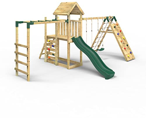 Rebo® Extended Tower Wooden Climbing Frame with Swings and Slide - Dolomite | OutdoorToys | Kids' Outdoor Wooden Garden Play Equipment, Children's Jungle Gym