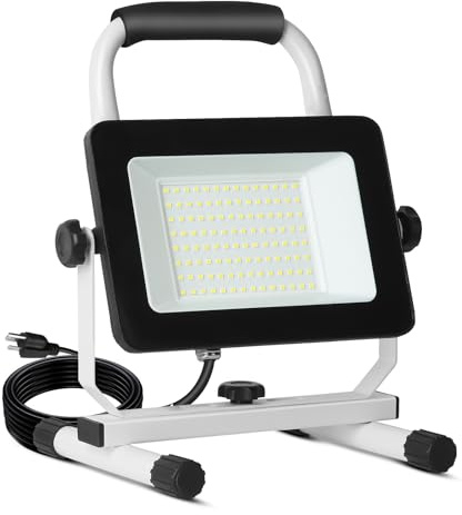 UFOND 6000 Lumen LED Work Light with Stand,60W Waterproof Flood Light, Brightness Switch Adjustable,Super Bright 10Ft Power Cord Portable Job Site Worklight for Garage Workshop Car,Outdoor Lighting