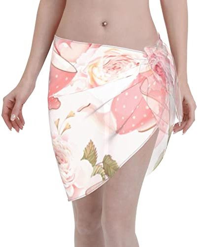 TOLKAT Colourful Cartoon Horses Women's Fashion Short Sarongs Beach Wrap Sheer Bikini Wraps Chiffon Cover Ups for Swimwear, Pink Teapot, One Size