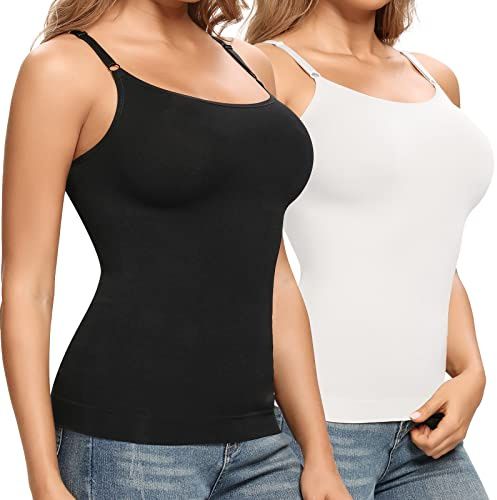 Joyshaper Shapewear Vest Top for Women Tummy Control Camisole Spaghetti Strap Basic Undershirt Body Shaper, Black+White L