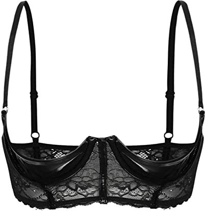 CHICTRY Womens Lingerie Sheer Lace 1/4 Cups Bustier Underwired Push Up Shelf Bra Top Bralette 2# Black S