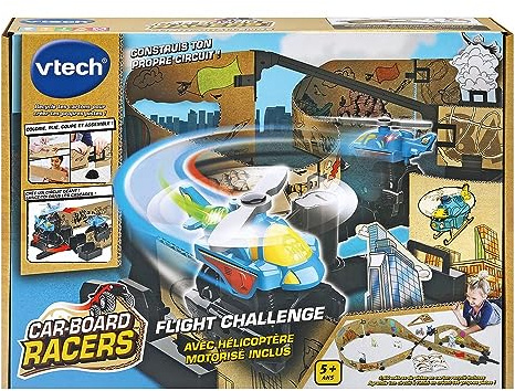 VTech - Car-Board Racers, Rennstrecke Flight Challenge, Rennstrecken aus recyceltem Karton * Unendlich erweiterbar mit motorisiertem Hubschrauber, Geschenk für Kinder ab 5 Jahren – Inhalt in