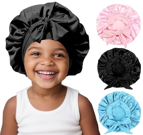 Lot de 3 bonnets en soie pour enfants pour dormir – Bonnet en satin pour dormir, cheveux bouclés pour filles et garçons avec large bande élastique, bonnet de bain pour adolescents et tout-petits (rose