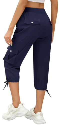 TOMEEK Byxor dam 3/4 capribyxor dam casual joggingbyxor sommar sportbyxor utomhus baggy fritidsbyxor bekväma med flera fickor dragsko midja yogabyxor, Marinblå, M