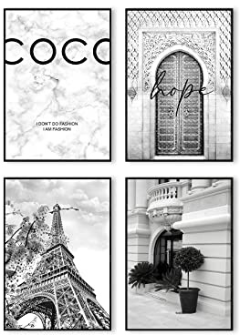 Postertech® Premium affischset, 4 bilder som snygg väggdekoration, 4 x DIN A4, svart-vit, set Coco, (4-pack, grå)