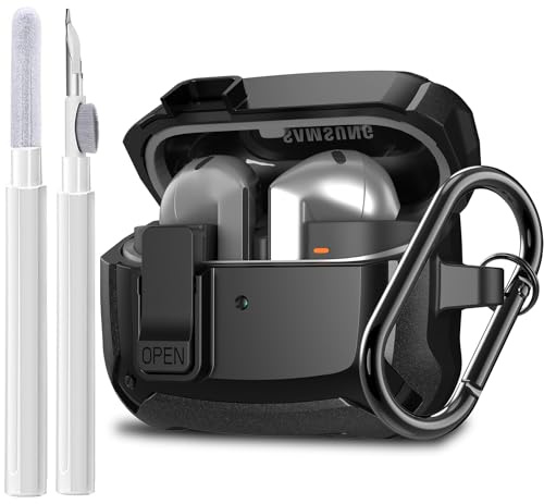 Compatible SAMSUNG Galaxy Bud 3 / Buds 3 Pro Case Cover 2024 with Secure Lock Clip, Rugged Shockproof Galaxy Buds 3/3 Pro Protective Hard Cover Shell with Carabiner& Cleaner kit for Men Women Black