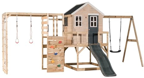 Wendi Toys M24-G Stelzenhaus mit Rutsche, Schaukel und Kletterwand, Großes Spielhaus Holz-FSC für Kinder Outdoor 342×508×242 cm, Kletternetz, Turnringe, wetterfest