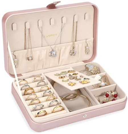 LANDICI Jewellery Box Small Jewellery Organiser for Women Girls, Rose Gold | PU Leather Travel Jewellery Storage Case, Portable Jewellery Holder for Ring Earrings Necklace Bracelet, Jewellery Gift Box