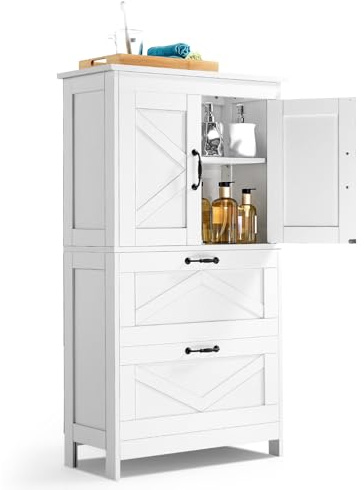 VEVOR Bathroom Floor Cabinet, 4-Tier, Wooden Storage Organizer with 2 Doors, 2 Drawers and Adjustable Shelf, Modern Home Furniture Freestanding Cupboard for Kitchen/Living Room/Entryway Use, White