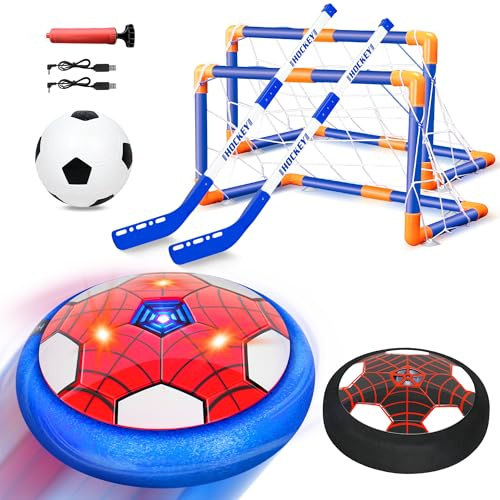 Spider Balón Fútbol Flotant, 3 en 1 Recargable Juego de Air Power Football Set con Luce LED Fútbol Niño Juguetes con 2 Porterias Juguete de Hockey Flotante para Niño Niña Regalos de 3-12 Años